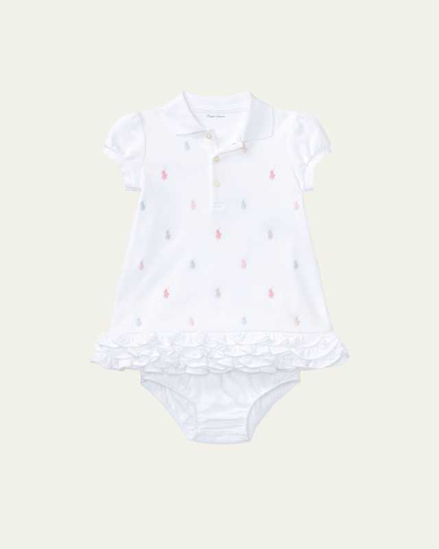 Logo Embroidery Ruffle Hem Polo Dress With Bloomers, Size 6M-24